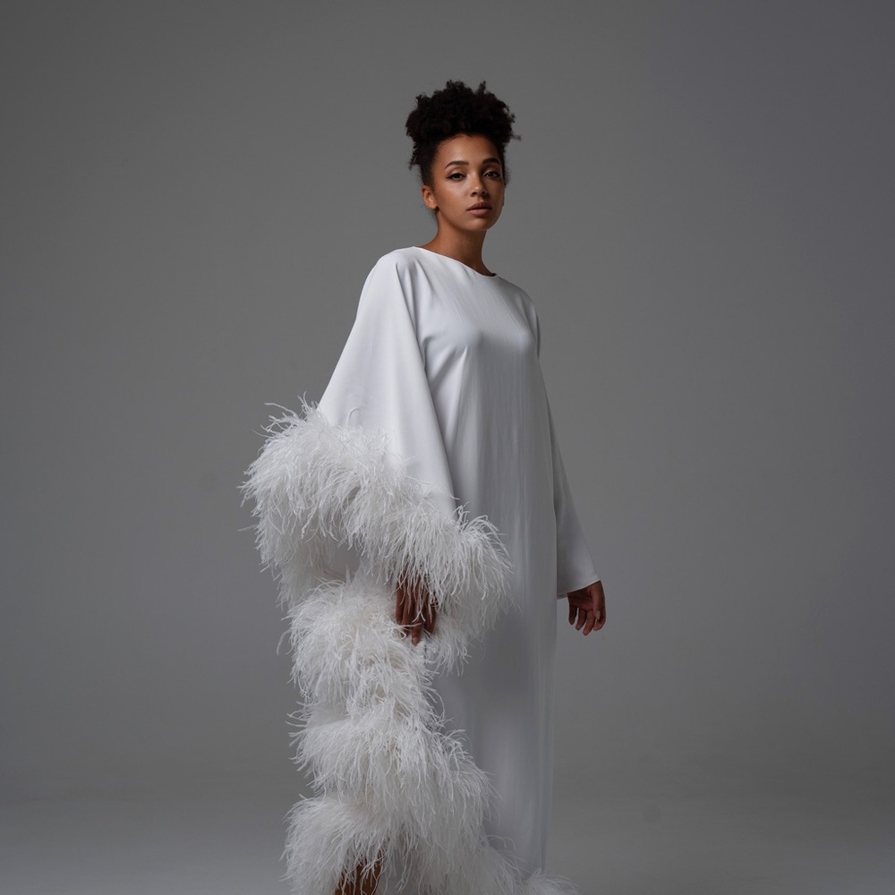White Feather-Trim Long Sleeve Nightgown